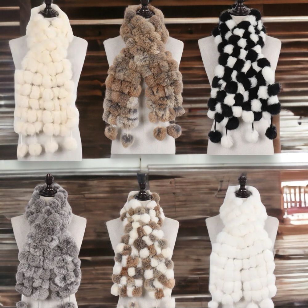 Winter Gray White Checkered Fur Ball Pull Through Neck Wrap - NWT - Picture 2 of 4